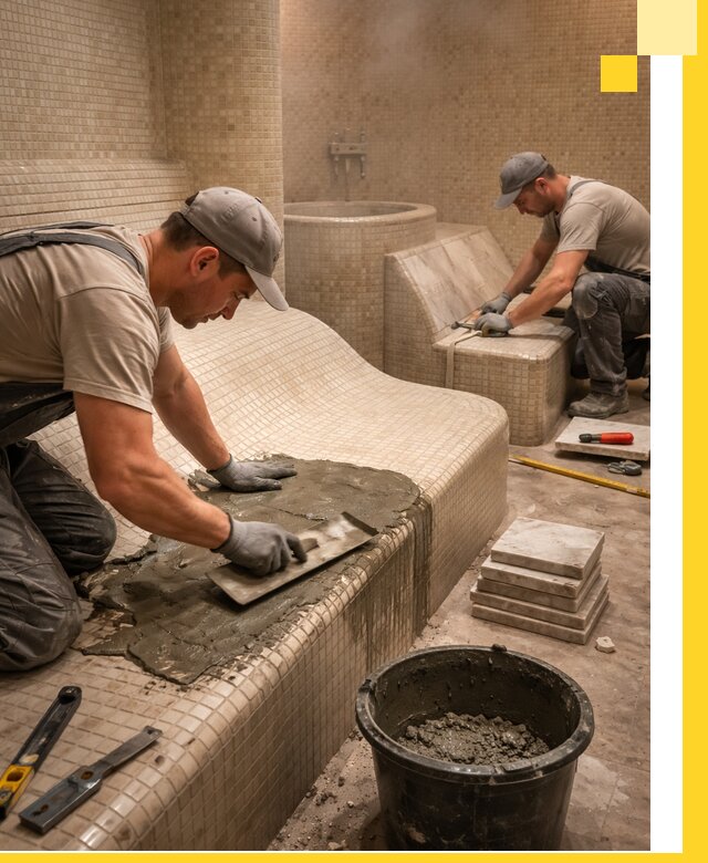 Лежаки для хамама под ключ в Заволжье, проект и монтаж